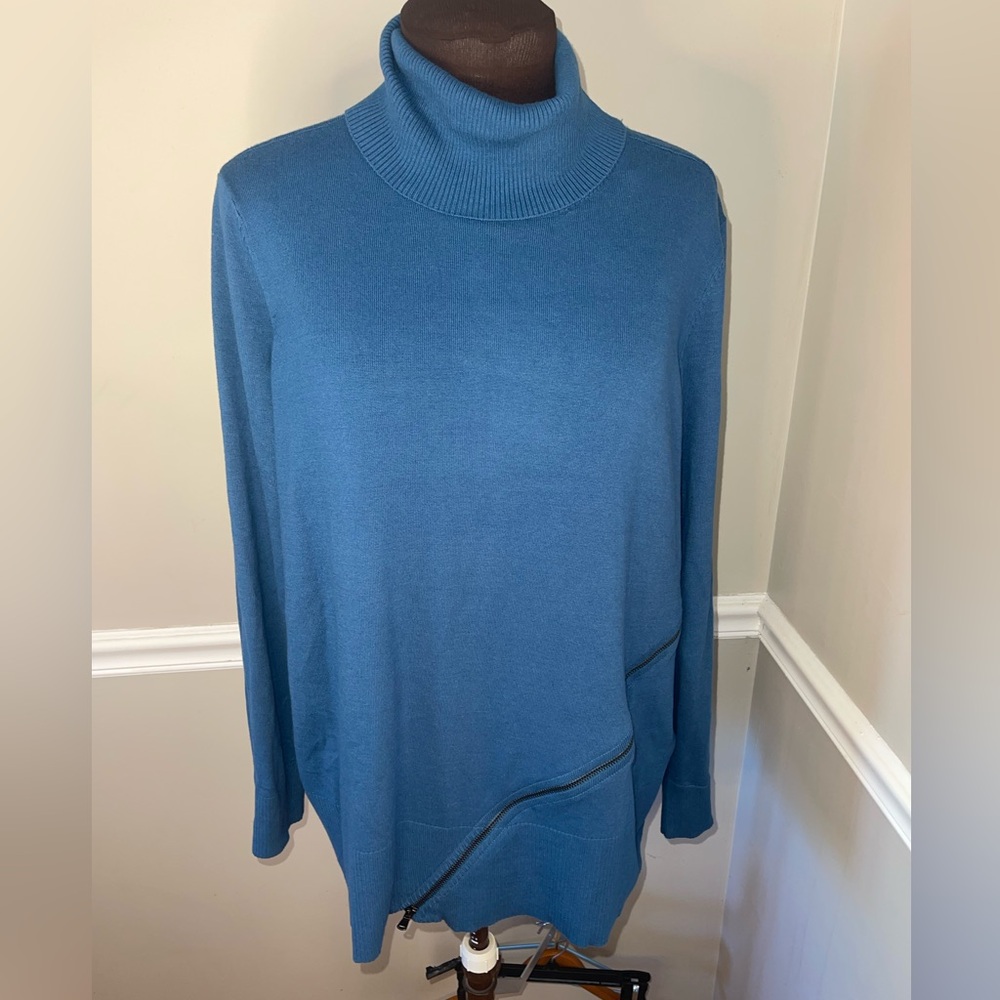 DG2 Diane Gilman Teal Turtleneck‎ Plus Size Sweater Zipper Accent 1X NWT